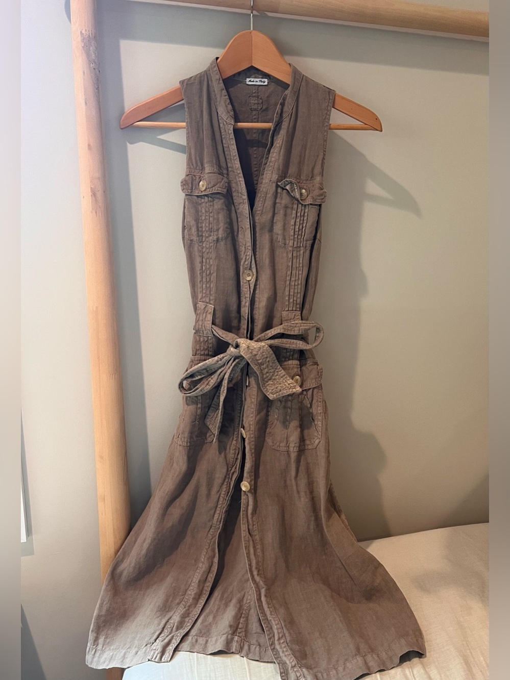120% Lino linen brown safari sleeveless button down shirt dress size IT 40 US 4